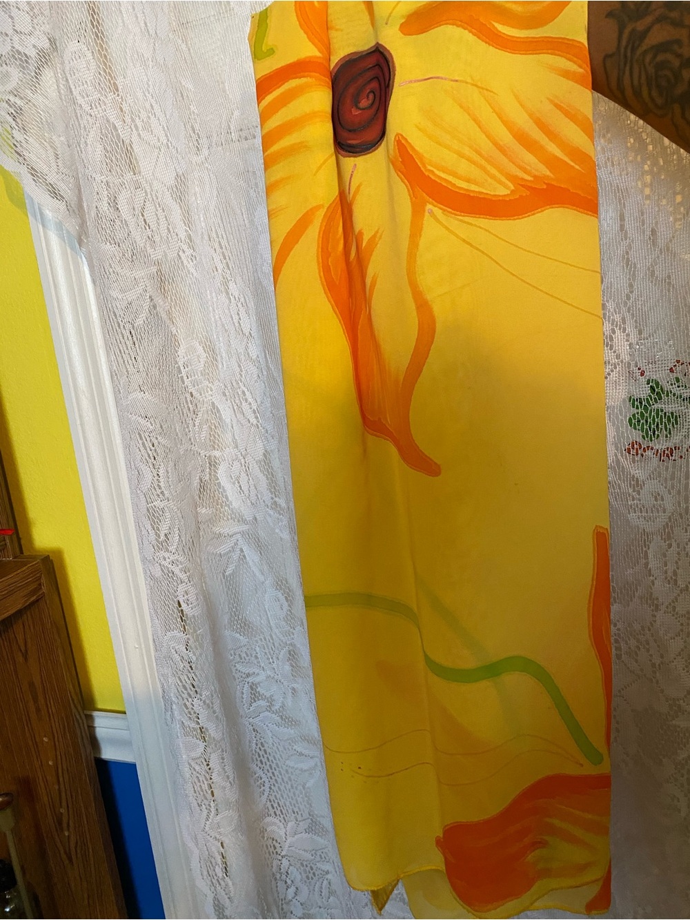 Yellow Floral Sheer Scarf with Orange Accents